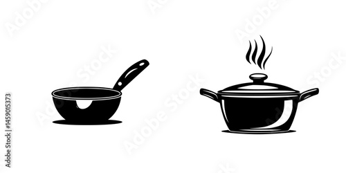 Flat black kitchen icon representing a saucepan and a pot for cooking activities at home