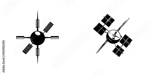 Modern flat black icons representing satellite designs showcasing advanced technology and space exploration concepts