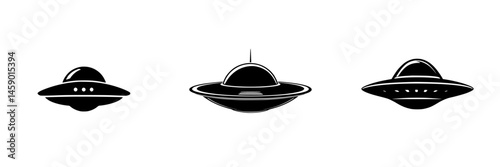 Stylized flat black icon design of three distinct UFOs showcasing varying shapes and features in a simple graphic representation