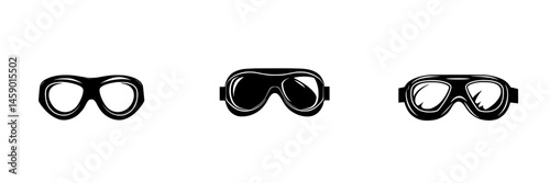 Sleek black icons representing various styles of goggles suitable for sports and water activities