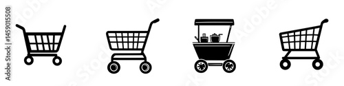Collection of flat black shopping cart icons showing different styles and shapes for various usage in design projects