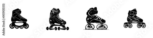 Flat black icon set featuring various styles of roller skates designed for inline skating and recreational use