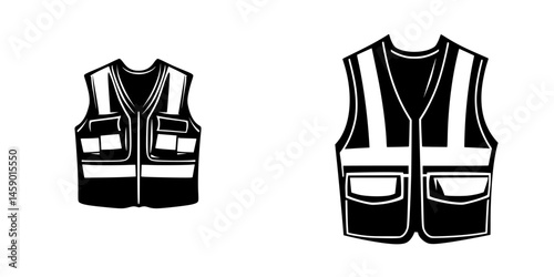 Flat black icons of safety vests with pockets and reflective stripes for construction and work environments