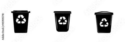 Flat black icons representing recycling bins for waste disposal in urban settings designed for environmental awareness campaigns