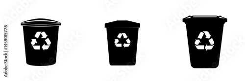 Multiple flat black recycling bin icons showcasing different designs and sizes for waste management awareness