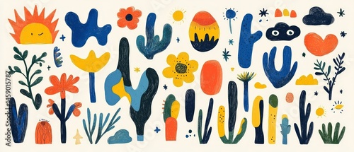 Vibrant hand-drawn illustration with plants, clouds, hearts in bold colors like orange, yellow, blue, and red. Dynamic and lively with freeform designs.