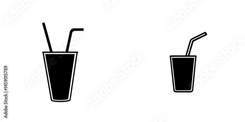 Minimalistic flat black icons representing drinks in glasses, showcasing different sizes and straw placements for illustrative use