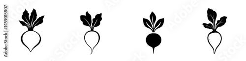 Stylized flat black icons of radishes with varying designs showcasing different perspectives and shapes