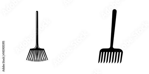 Black flat icon of a garden rake with tines and a handle positioned for use in landscaping or gardening tasks
