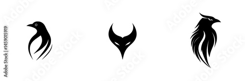 Minimalist flat black icon design showcasing three distinct bird or animal silhouette forms with stylized features