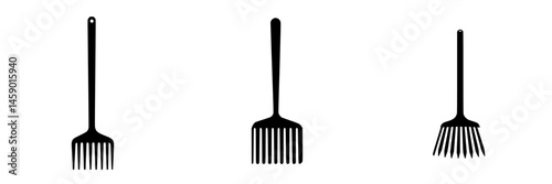 Flat black icon of three different styles of garden rakes arranged in a row on a plain background