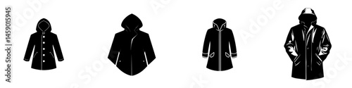 Flat black icons of various coat styles showcasing outerwear options for different weather conditions