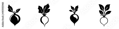 Flat black icons of radishes displaying different angles and leaf arrangements in minimalist design