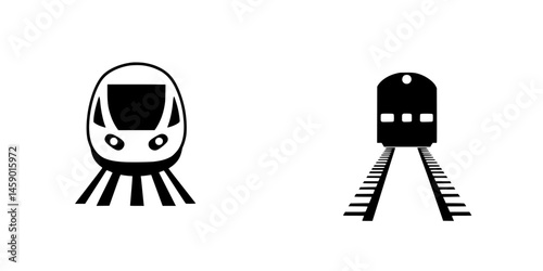 Modern flat black train icons representing different types of trains and railway systems in a minimalistic design