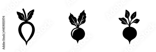 Flat black icons of radishes showcasing different styles and shapes for design projects and graphic applications in various contexts
