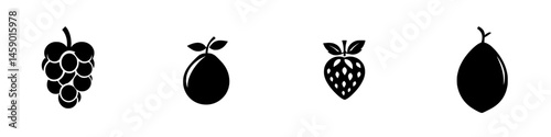 Collection of flat black fruit icons featuring grapes, pear, strawberry, and avocado design elements for creative projects