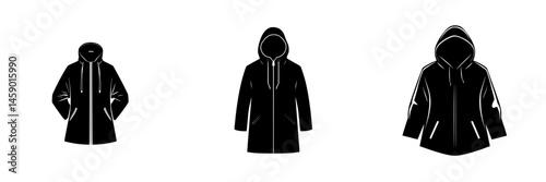 Flat black icons of various hooded jackets showcasing different styles and designs for outdoor apparel