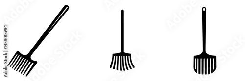 Flat black icons of garden rakes in various orientations for design and illustration purposes