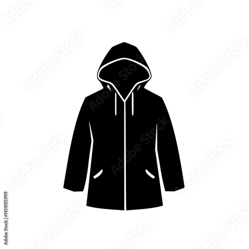 Stylish flat black coat icon featuring a hood and pockets for modern fashion representation