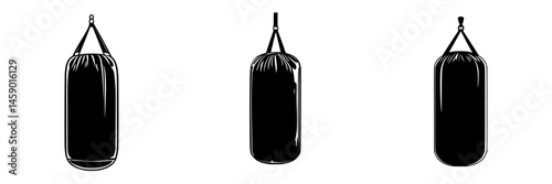 Flat black boxing bag icons in various hanging positions for sports and fitness applications