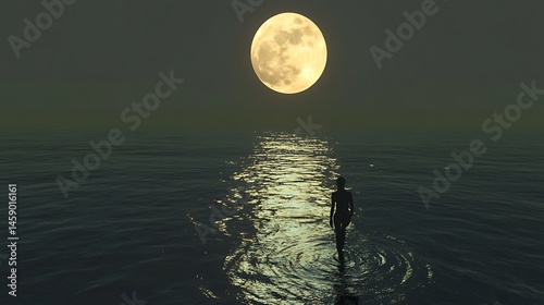 Silhouette figure walking on calm water under a full moon.