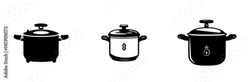 Collection of flat black cooking pot icons showcasing different designs and styles