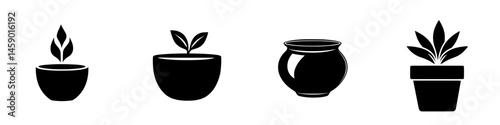 Black icons of various plant pots and foliage depicting different designs and styles for gardening and home decor