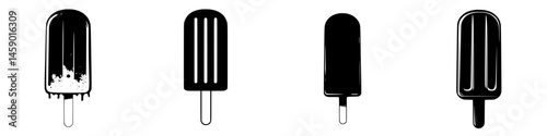 Flat black icon set of various popsicle designs showcasing different stages of completion or styles