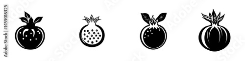 Variety of flat black fruit icons showcasing different stages of pomegranate design suitable for culinary and artistic projects