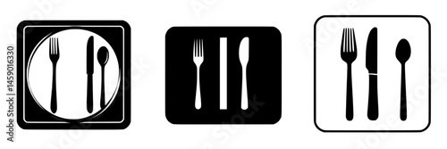 Flat black icons of cutlery showing forks and knives in various arrangements for dining purposes