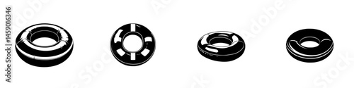 Various designs of flat black inflatable inner tubes for water activities and leisure time