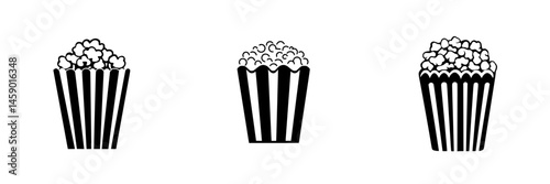 Popcorn icon set featuring various styles in flat black design for snack and cinema themes