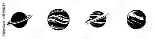 Flat black icons representing planets with distinct textures and designs in a simple artistic arrangement
