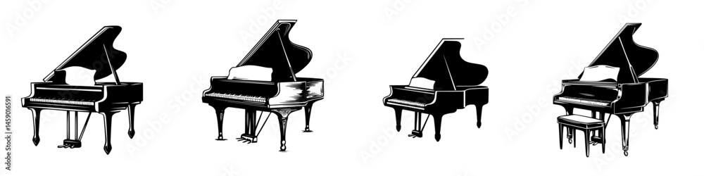 Flat black icons of grand pianos showcasing different styles and shapes for music-related design and artwork Flat black icons of grand pianos showcasing different styles and shapes for music-related design and artwork