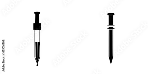 Black icon set featuring a dropper and a pen, showcasing essential tools for precise measurement and writing tasks