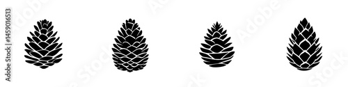 Flat black pine cone icons displayed together in a horizontal arrangement on a plain white background with elegant simplicity