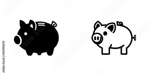 Flat black piggy bank icon displayed alongside a white piggy bank design for financial representation