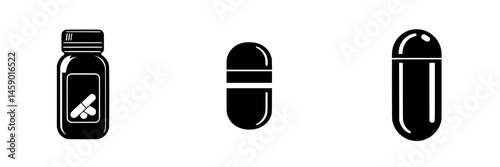 Flat black icon representing various forms of medication such as capsules and bottles for health and wellness applications