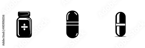 Black icon set featuring a medicine bottle and two capsule designs for health-related visuals