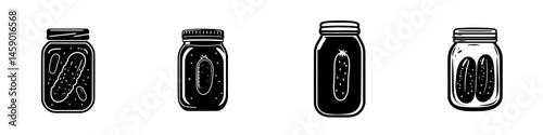 Flat black icon of jars filled with pickles showcasing different designs and sizes