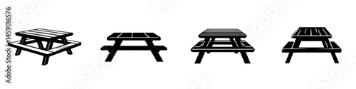 Flat black icons of picnic tables showcasing various designs and perspectives for outdoor activity representation