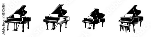Flat black icons of grand pianos showcasing different styles and shapes for music-related design and artwork
