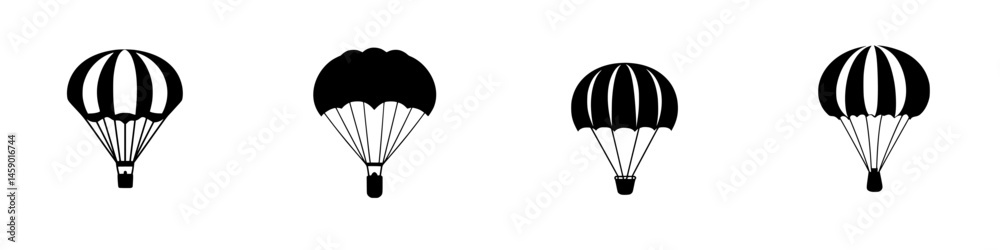 Obraz premium Various flat black icons of parachutes with different designs and styles on a white background