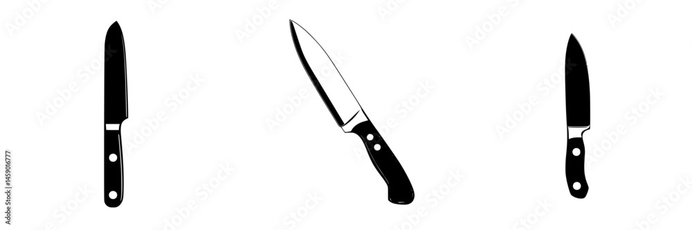 Flat black kitchen knife icons showcasing different styles for culinary and design applications in various contexts Flat black kitchen knife icons showcasing different styles for culinary and design applications in various contexts