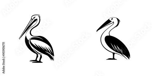 Black icon depicting two pelicans in a flat design, showcasing their unique features and posture