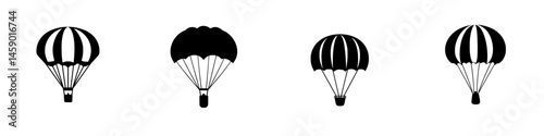 Various flat black icons of parachutes with different designs and styles on a white background