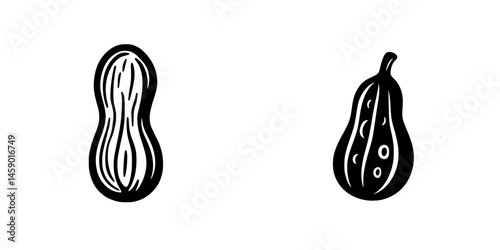 Flat black icon representing a peanut and a gourd in a minimalist design