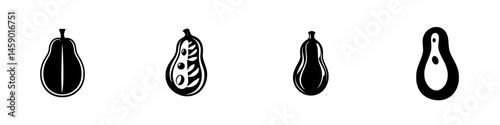 Collection of flat black icons representing various types of squash on a plain background