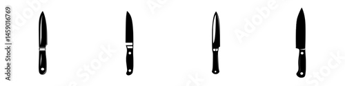Various flat black kitchen knife icons illustrating different shapes and styles for culinary purposes