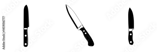 Flat black kitchen knife icons showcasing different styles for culinary and design applications in various contexts